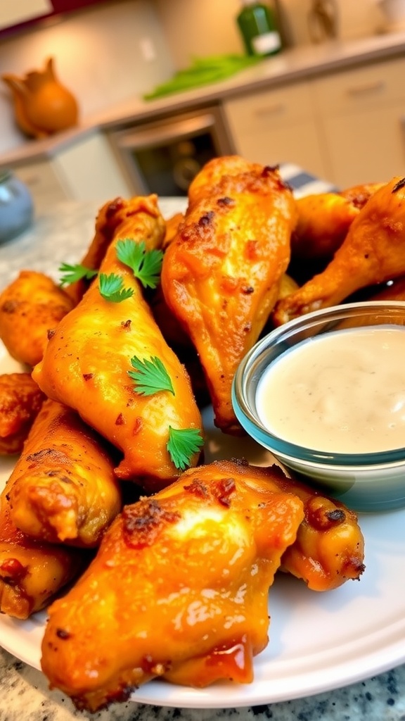 Crispy air fryer chicken wings served on a plate with dipping sauce and garnished with parsley.